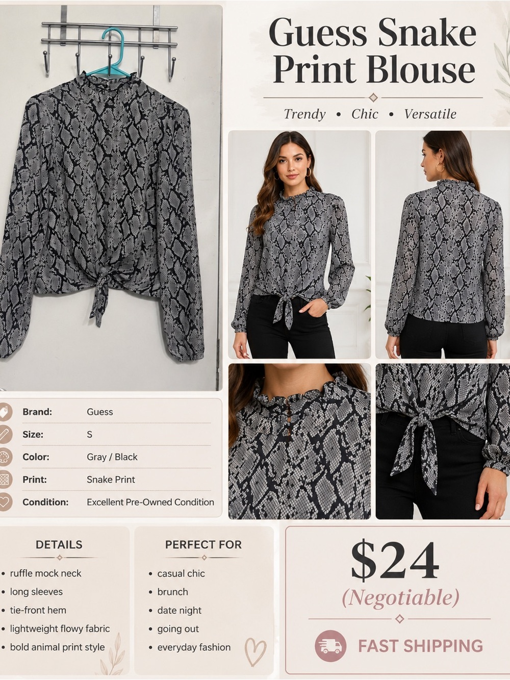 Guess Gray and Black Snake Print Tie-Front Blouse